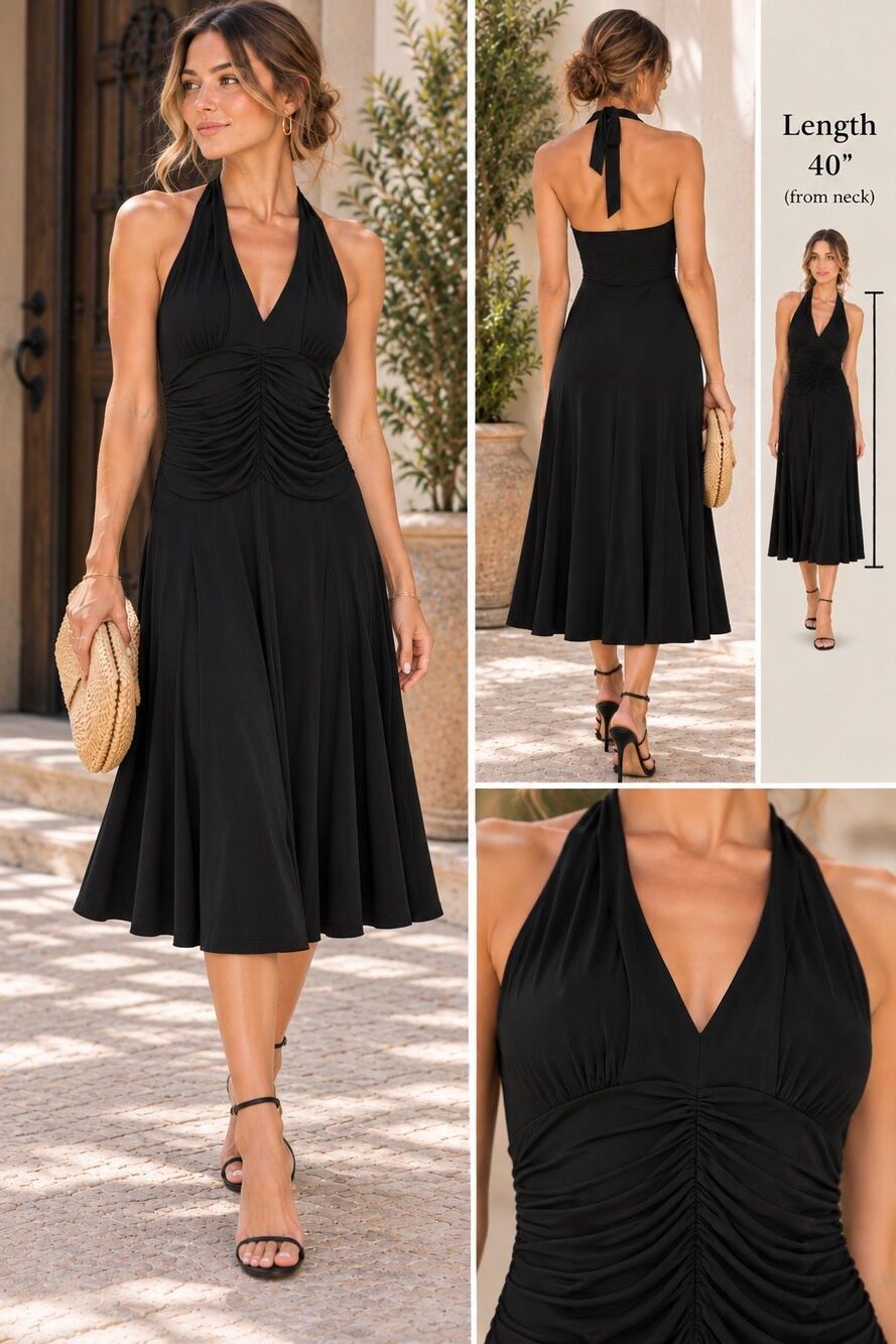 Speechless Y2K Vintage Black Ruched Halter Dress Size M Stretch Midi 90s dark Fa